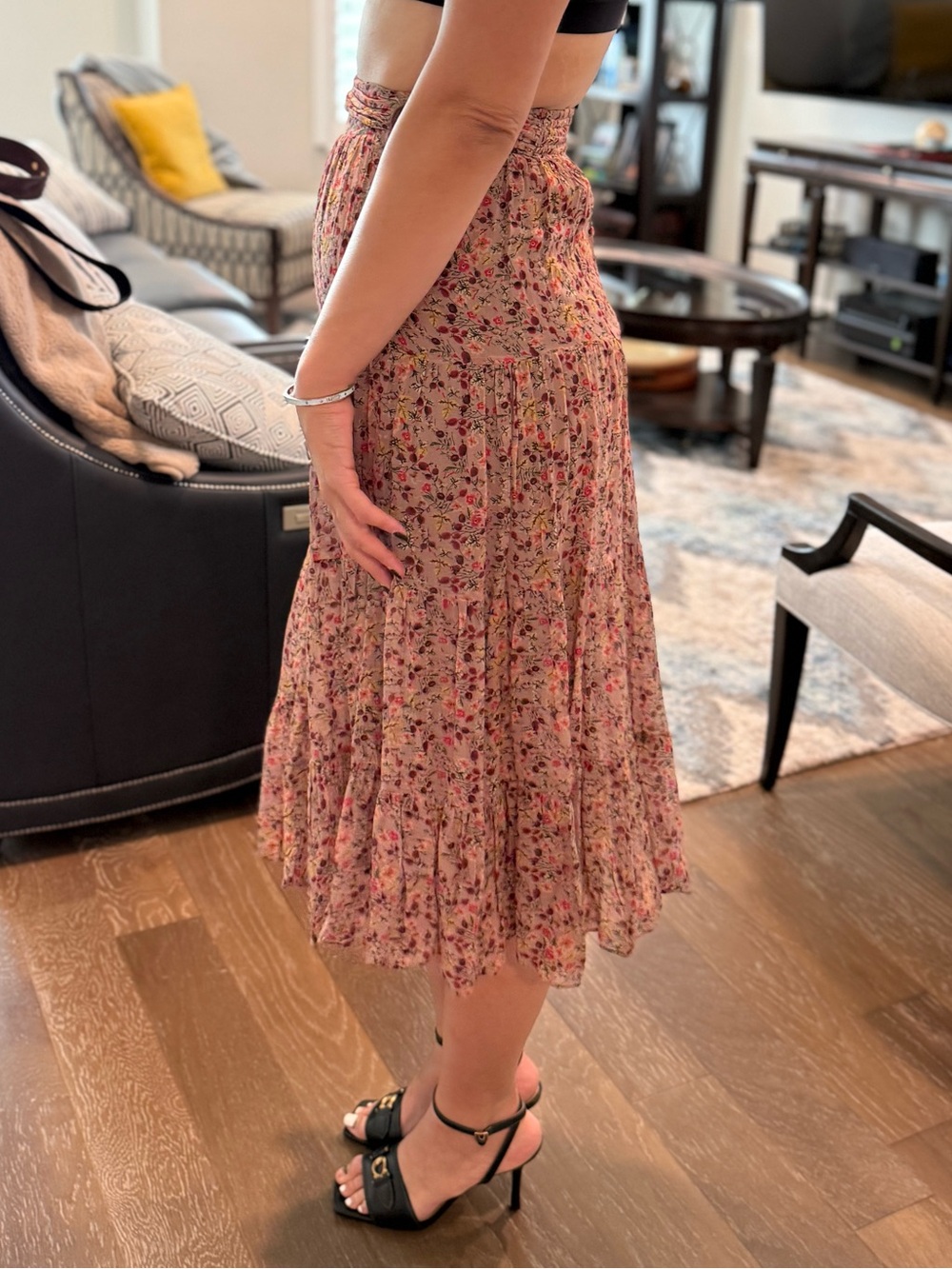 ba&sh Pink Floral Smocked Waist Tiered Midi Skirt